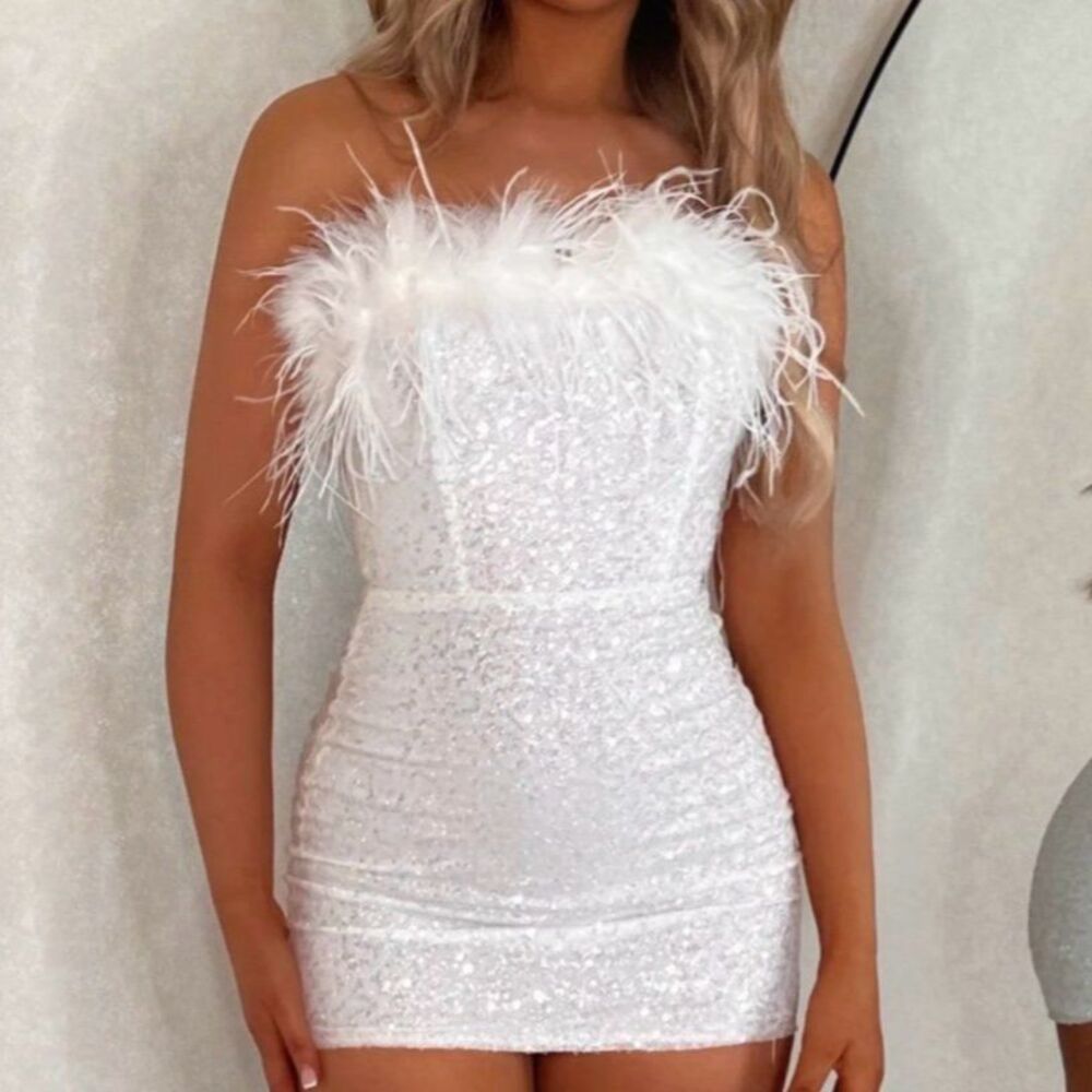 NWT Maniju Champagne Gold Shimmery Feathered Mini Dress Size M